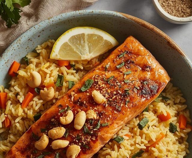 Łosoś z ryżem curry i sałatką