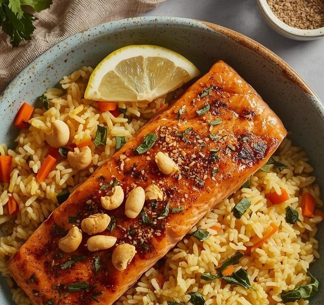 Lachs mit Curryreis und Salat
