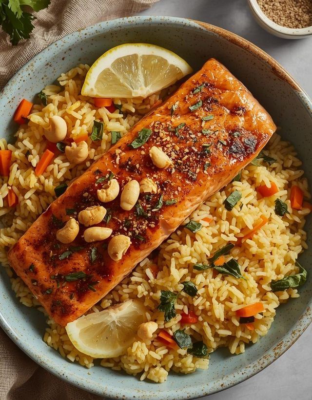Lachs mit Curryreis und Salat
