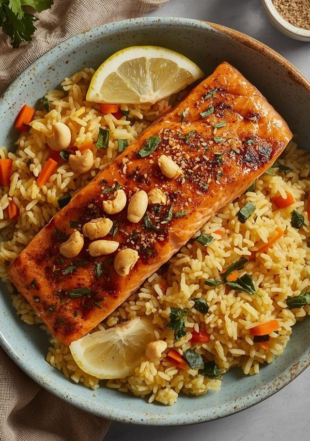 Łosoś z ryżem curry i sałatką