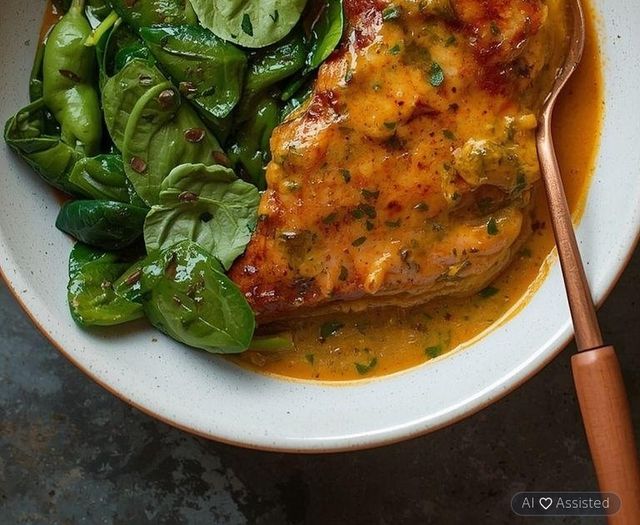Kurczak z sosem curry i szpinakiem