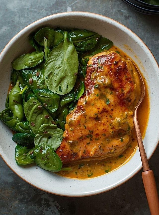 Kurczak z sosem curry i szpinakiem
