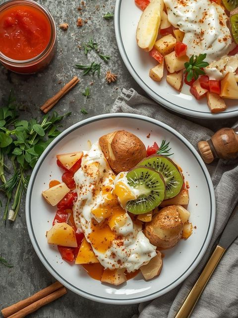 Potatoes with herb curd and tomato juice
