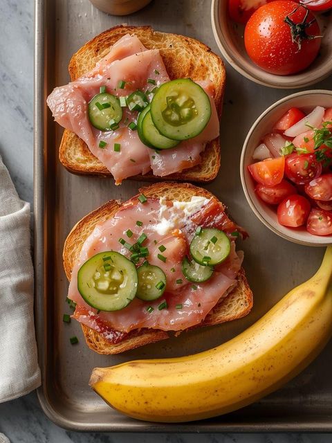 Ham sandwiches with tomato salad and herb marinade