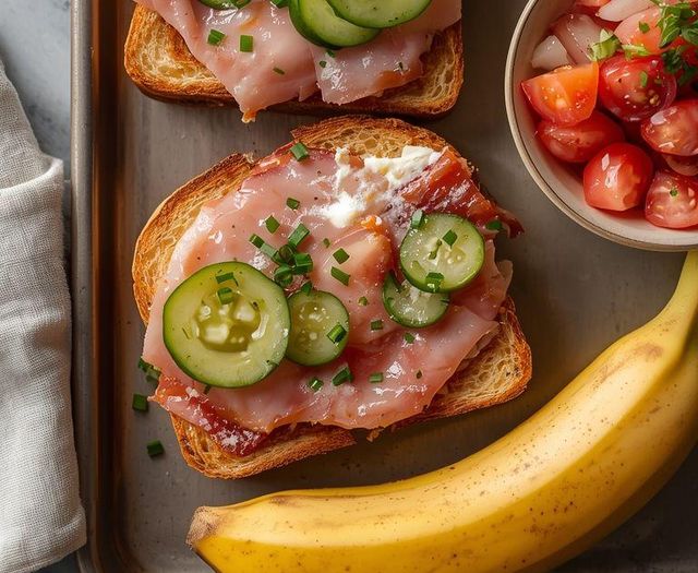 Ham sandwiches with tomato salad and herb marinade