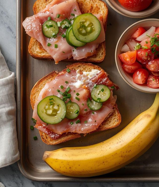 Ham sandwiches with tomato salad and herb marinade