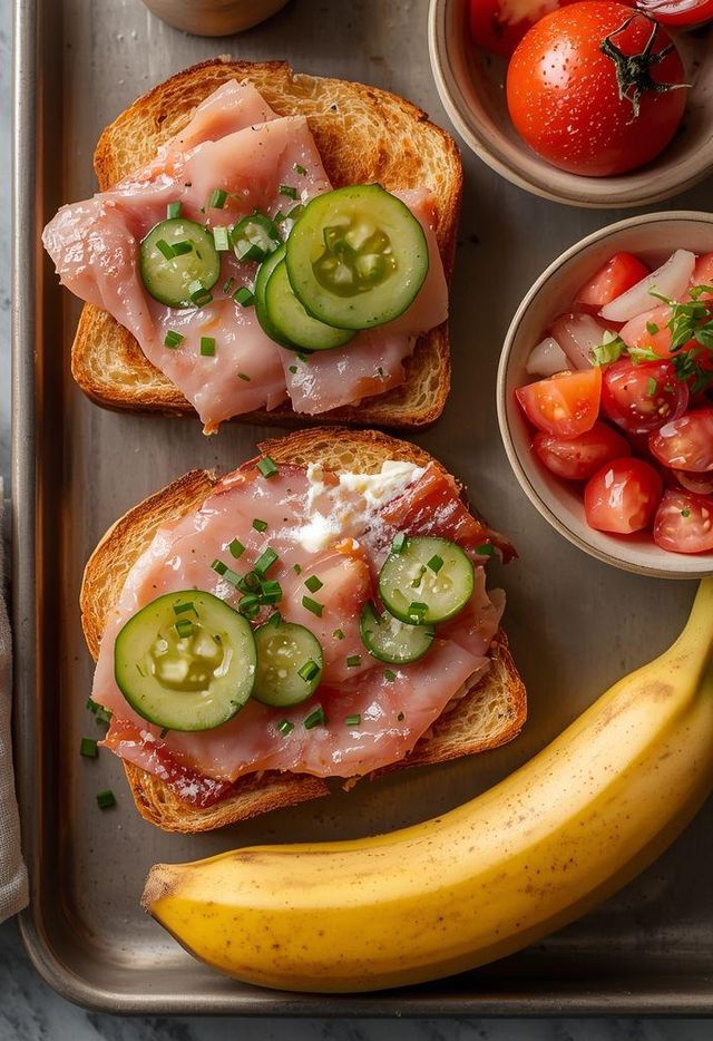 Ham sandwiches with tomato salad and herb marinade