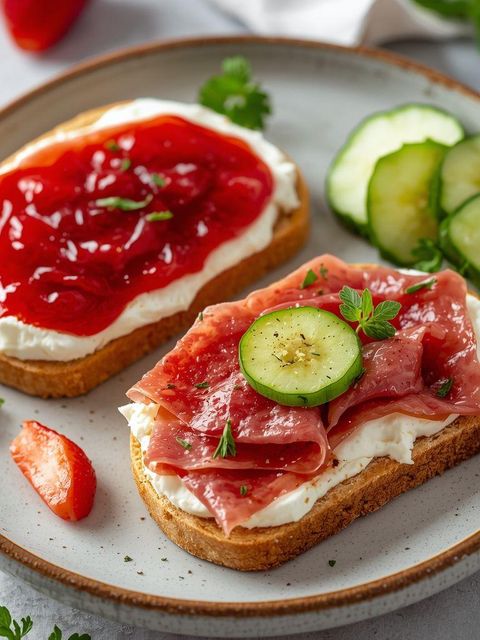 Knäckebrot mit Erdbeer-Konfitüre und Salami