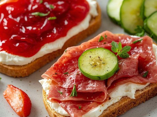 Crispbread with strawberry jam and salami