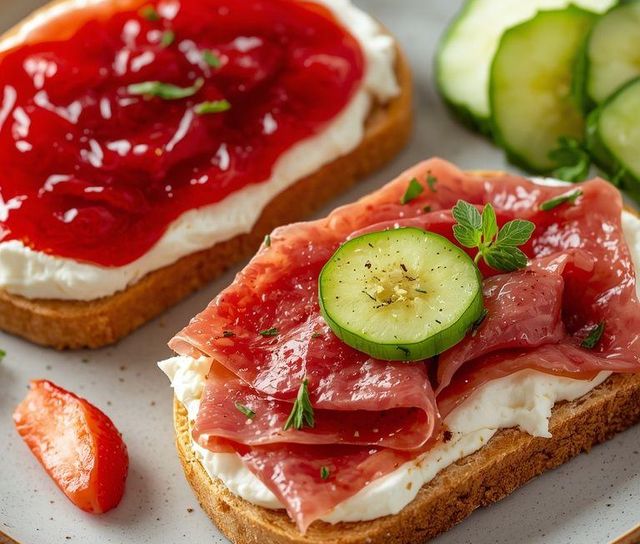 Crispbread with strawberry jam and salami