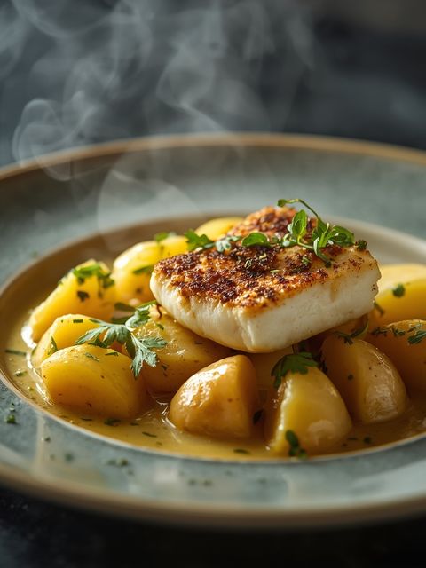 Potatoes with cod fillet in mustard sauce