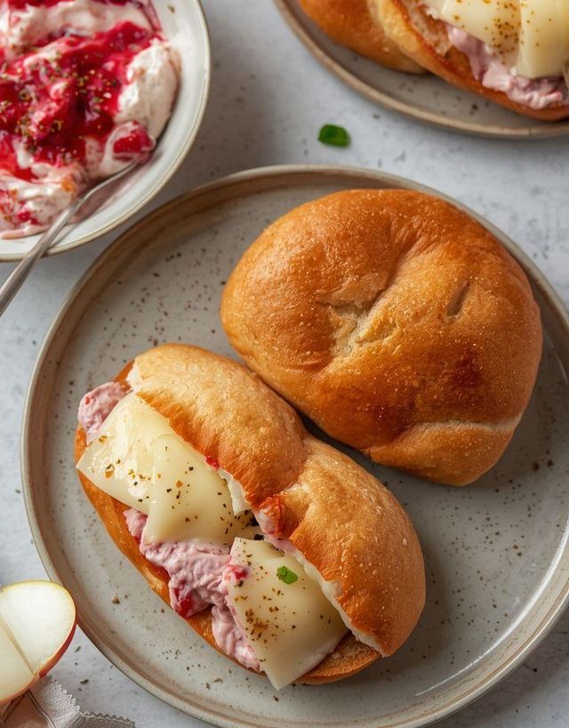 Brötchen mit Käse und Himbeer-Apfel-Joghurt