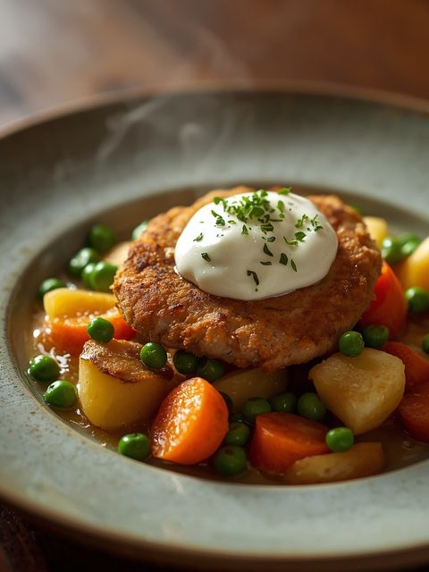 Pork Schnitzel with Potatoes, Peas, Carrots and Orange Yogurt