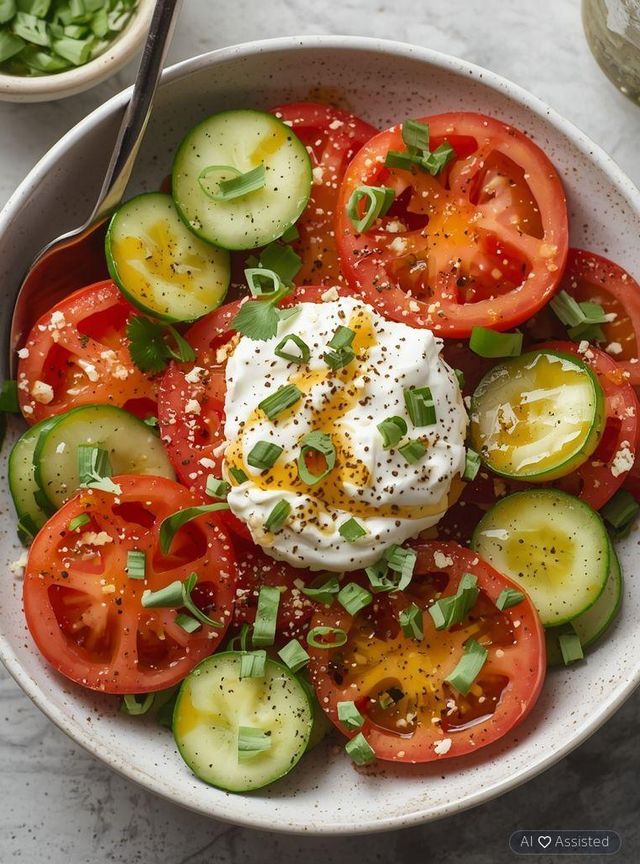 Tomaten-Gurken-Salat mit Feta und Vanillejoghurt
