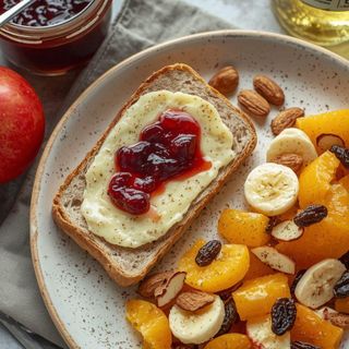 Vollkornbrötchen mit Käse, Kirschmarmelade und Obstsalat (Apfel, Banane, Orange)