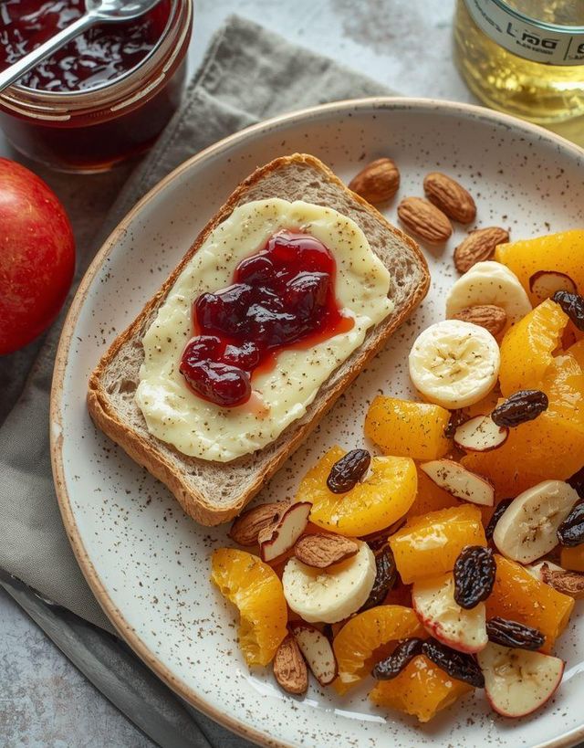 Wholemeal bun with cheese, cherry jam, and fruit salad (apple, banana, orange)