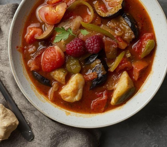 Fish stew and vanilla pudding