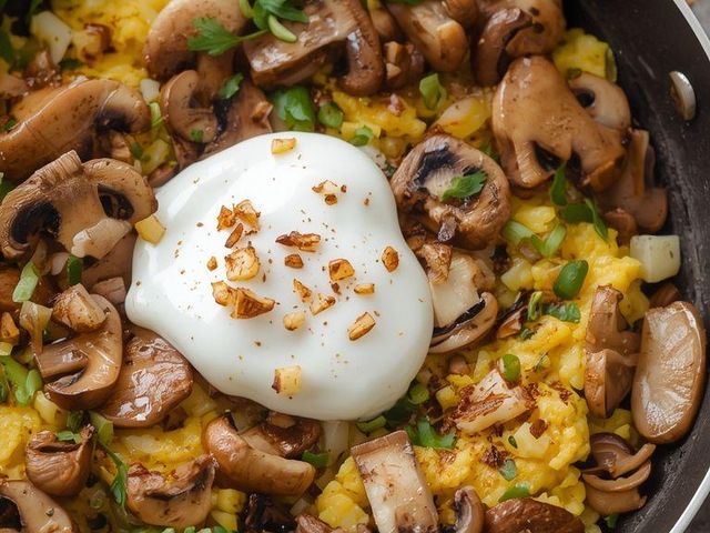 Mushroom scrambled eggs with apple-cinnamon quark
