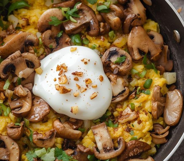 Champignon-Rührei mit Apfel-Zimt-Quark
