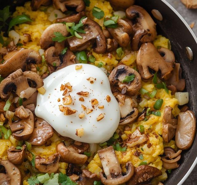 Mushroom scrambled eggs with apple-cinnamon quark
