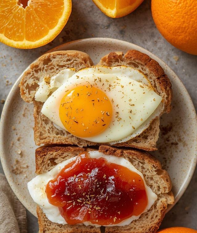 Wholemeal roll with egg and plum jam