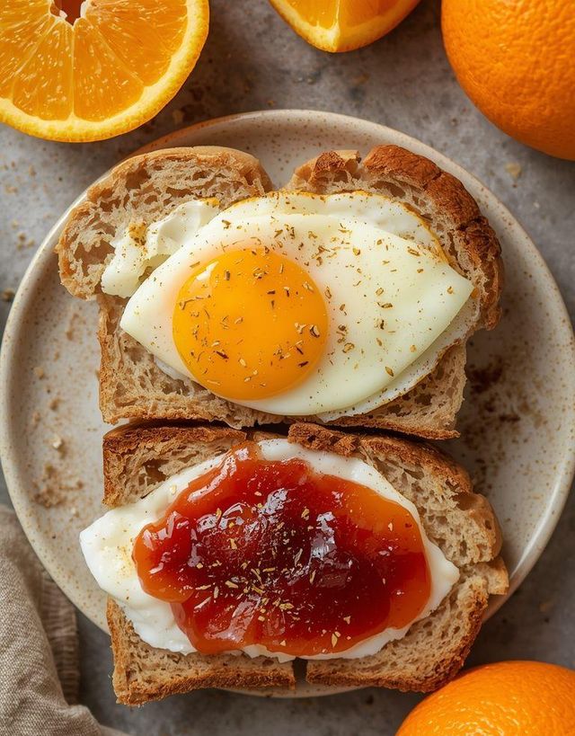 Vollkornbrötchen mit Ei und Pflaumenmus