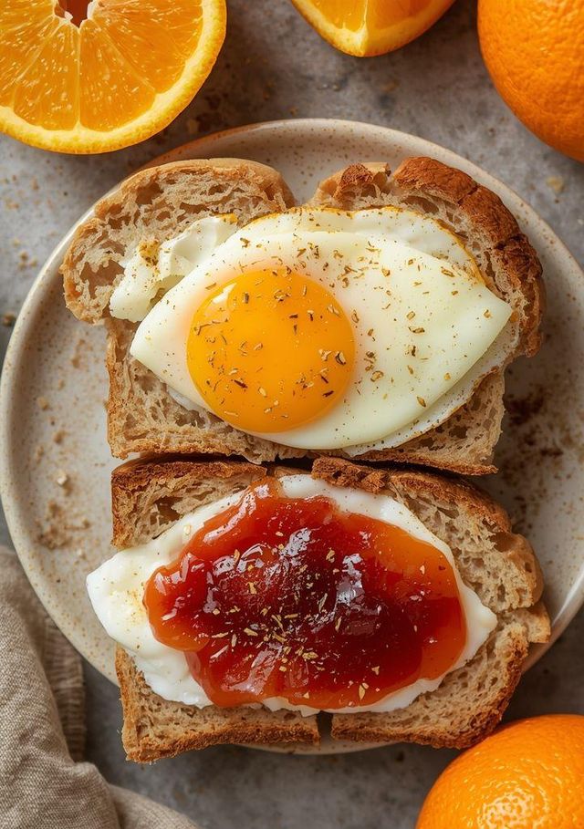 Wholemeal roll with egg and plum jam