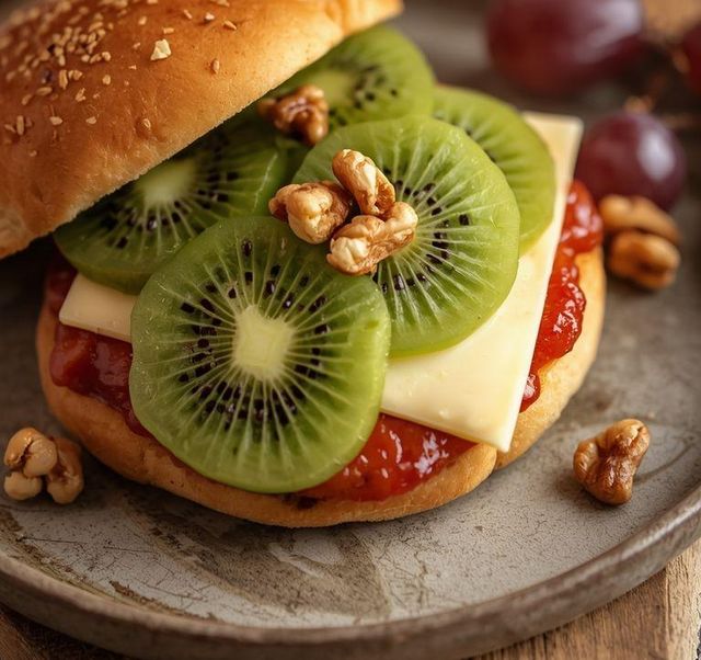 Bun with Emmental cheese and grapes, yogurt with walnuts