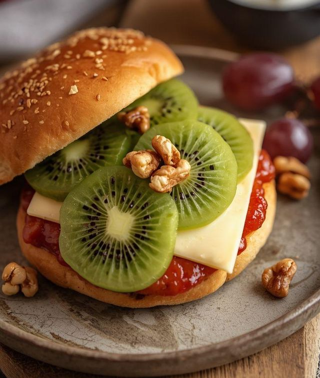 Brötchen mit Emmentaler und Trauben, Joghurt mit Walnüssen