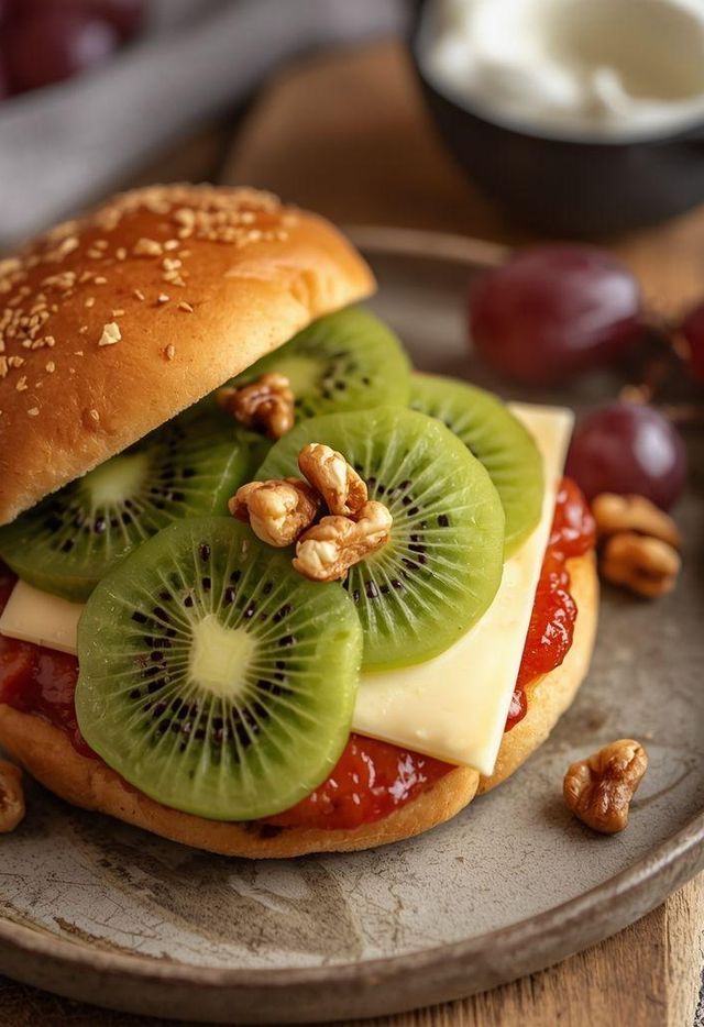 Bun with Emmental cheese and grapes, yogurt with walnuts