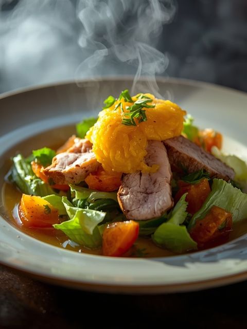 Raw vegetable salad with turkey breast strips and orange curd