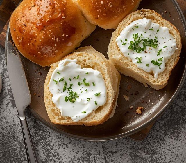 Brötchen mit Konfitüre und Kräuterquark