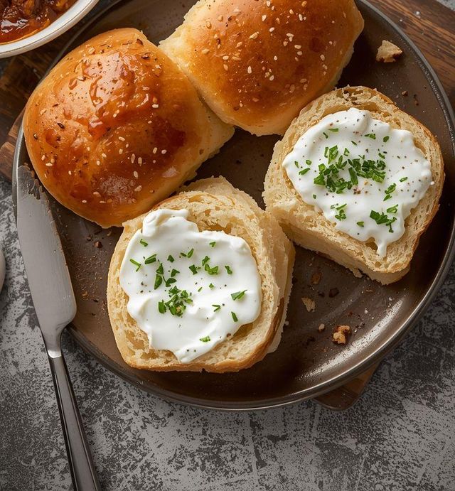 Brötchen mit Konfitüre und Kräuterquark