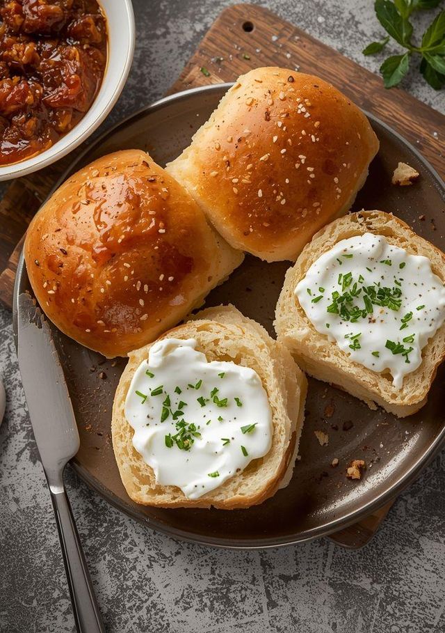 Brötchen mit Konfitüre und Kräuterquark