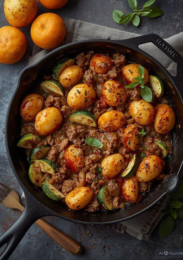Minced meat with potatoes and zucchini pan