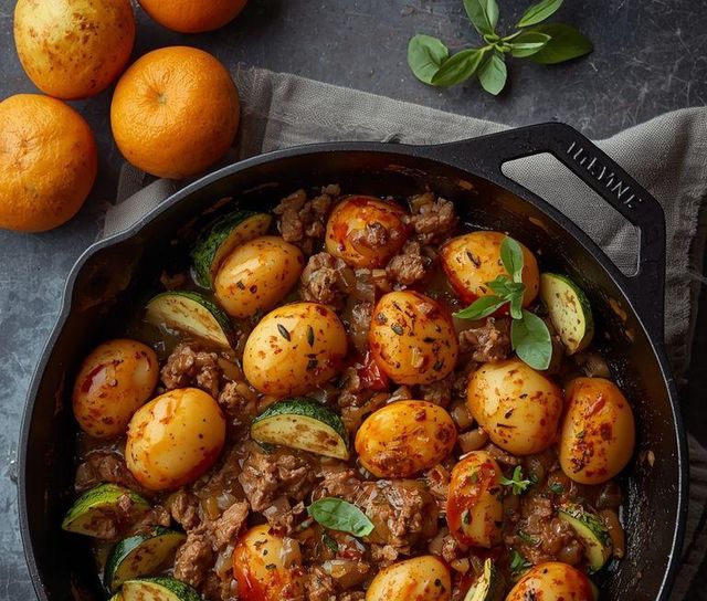 Minced meat with potatoes and zucchini pan