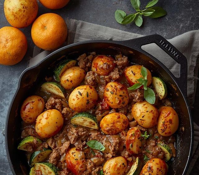 Hackfleisch mit Kartoffeln und Zucchini-Pfanne