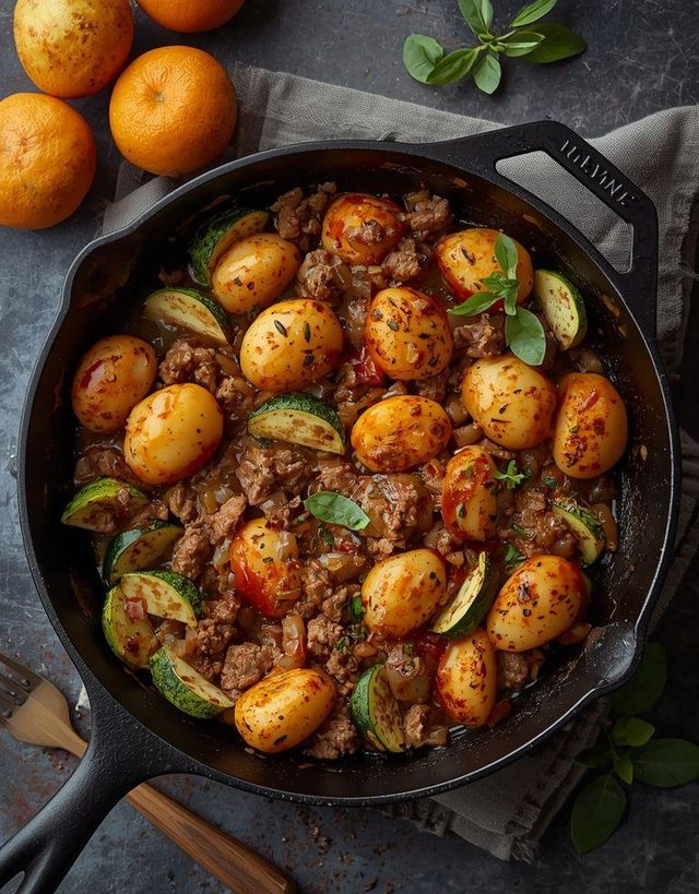 Minced meat with potatoes and zucchini pan