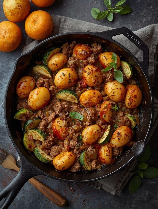 Minced meat with potatoes and zucchini pan