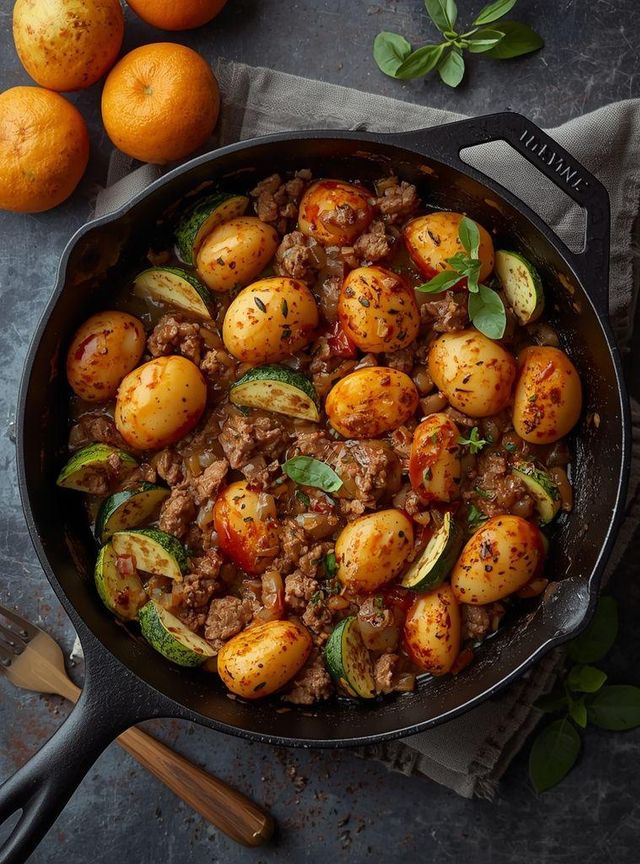 Hackfleisch mit Kartoffeln und Zucchini-Pfanne