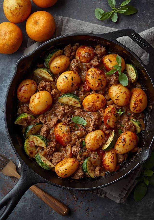 Minced meat with potatoes and zucchini pan