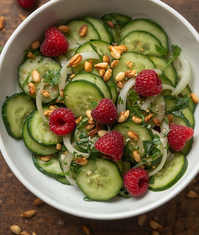 Gurkensalat mit Pinienkernen und Himbeerdessert