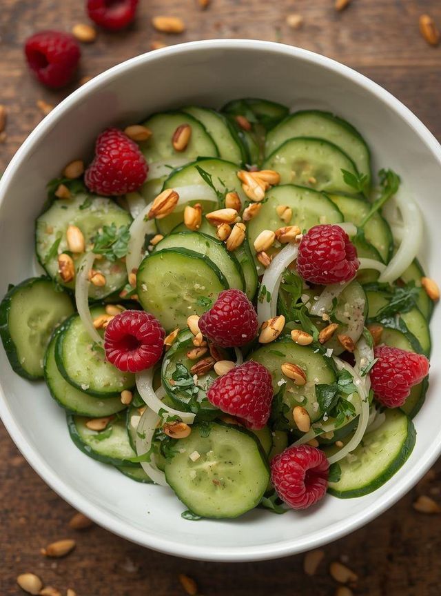Cucumber salad with pine nuts and raspberry dessert