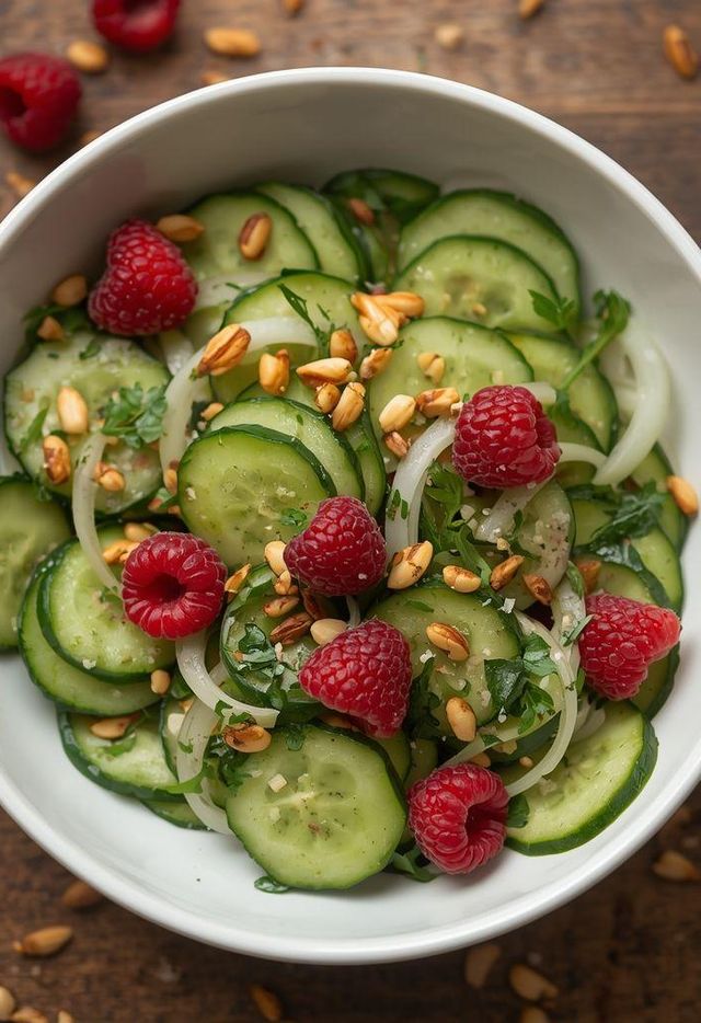 Gurkensalat mit Pinienkernen und Himbeerdessert