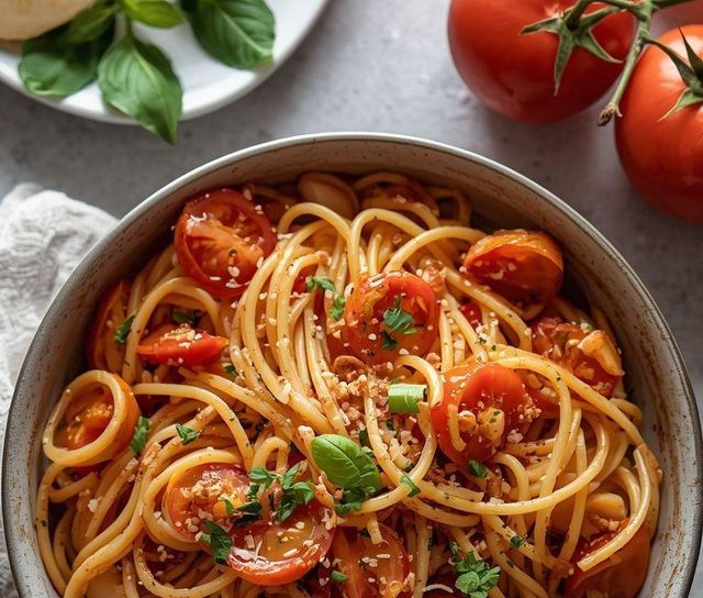 Spaghetti z warzywami i małymi tartami jabłkowymi