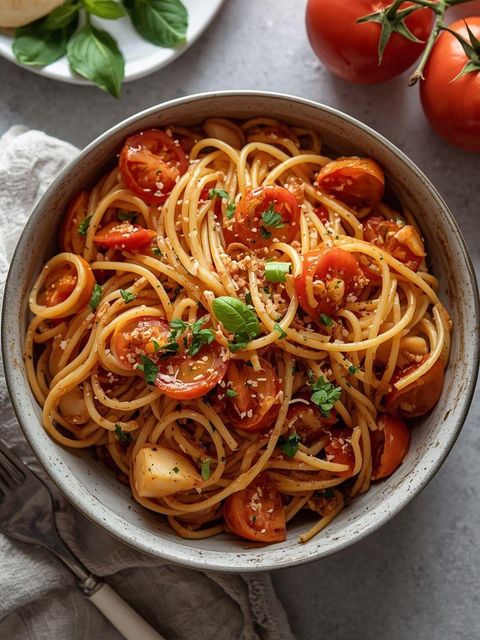 Spaghetti with vegetables and small apple tarts
