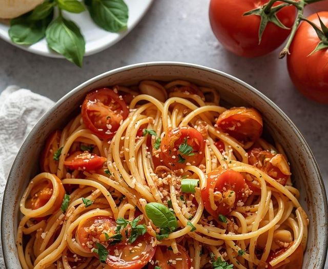 Spaghetti with vegetables and small apple tarts