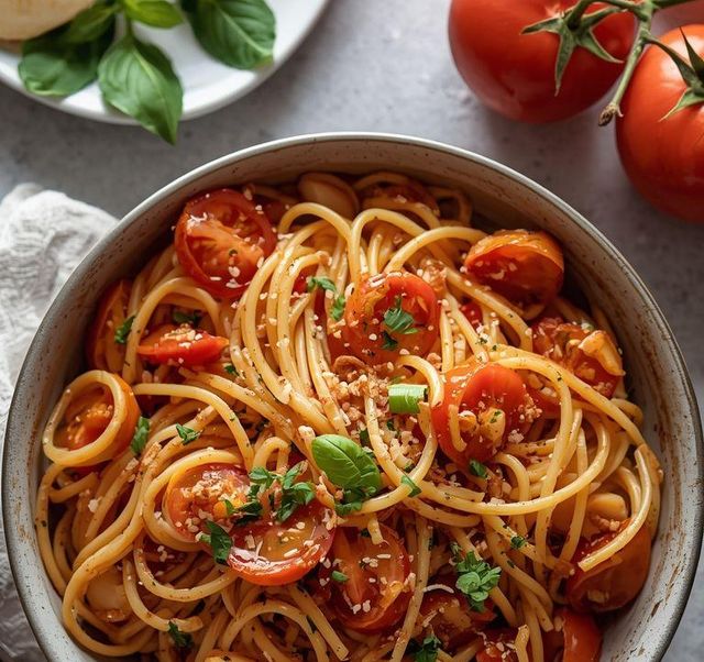 Spaghetti with vegetables and small apple tarts