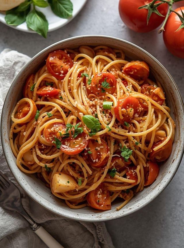 Spaghetti with vegetables and small apple tarts