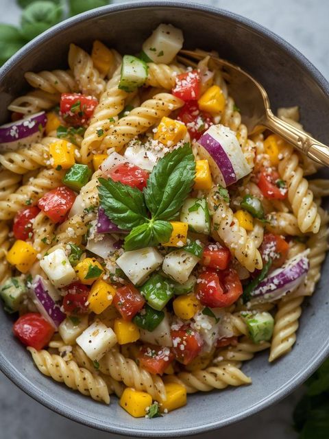 Pasta salad with cherry yogurt